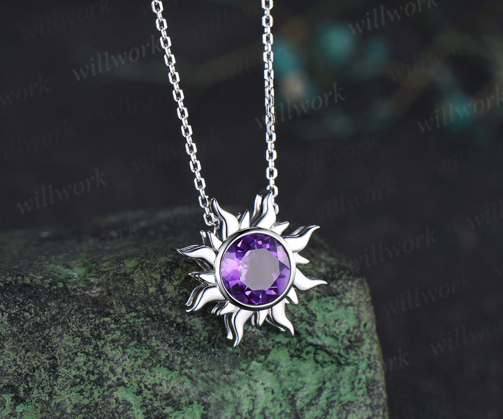 Round amethyst sun stud earrings & purple amethyst necklace set Rapunzel inspired crystal jewelry set February birthstone gifts for her