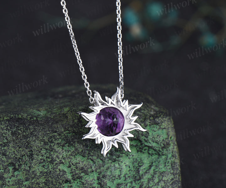 Round amethyst sun stud earrings & purple amethyst necklace set Rapunzel inspired crystal jewelry set February birthstone gifts for her
