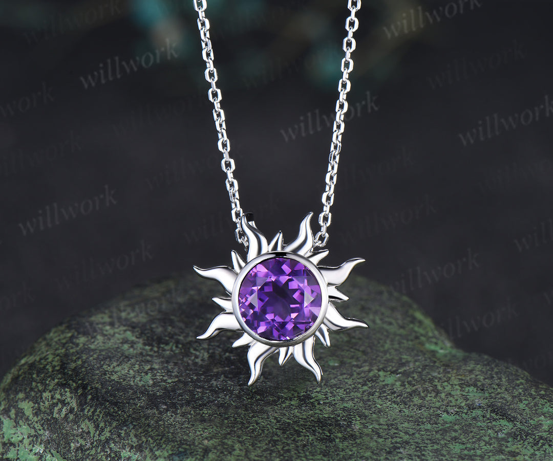 Round amethyst sun stud earrings & purple amethyst necklace set Rapunzel inspired crystal jewelry set February birthstone gifts for her