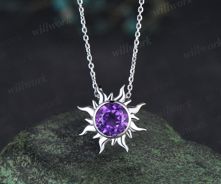 Round amethyst sun stud earrings & purple amethyst necklace set Rapunzel inspired crystal jewelry set February birthstone gifts for her