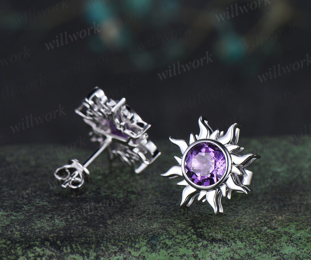 Round amethyst sun stud earrings & purple amethyst necklace set Rapunzel inspired crystal jewelry set February birthstone gifts for her