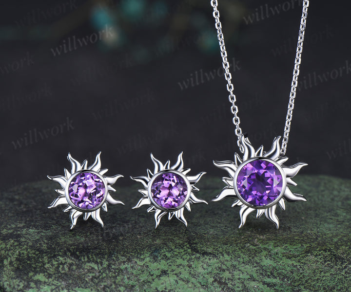 Round amethyst sun stud earrings & purple amethyst necklace set Rapunzel inspired crystal jewelry set February birthstone gifts for her