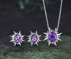 Round amethyst sun stud earrings & purple amethyst necklace set Rapunzel inspired crystal jewelry set February birthstone gifts for her