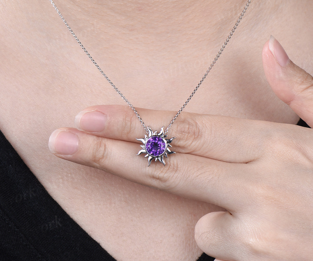 Round amethyst sun stud earrings & purple amethyst necklace set Rapunzel inspired crystal jewelry set February birthstone gifts for her