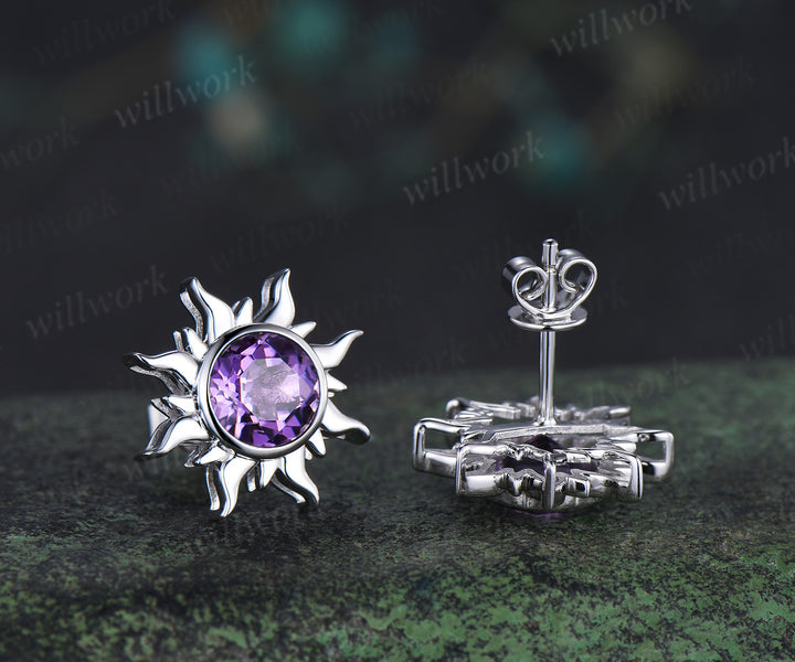 Round amethyst sun stud earrings & purple amethyst necklace set Rapunzel inspired crystal jewelry set February birthstone gifts for her