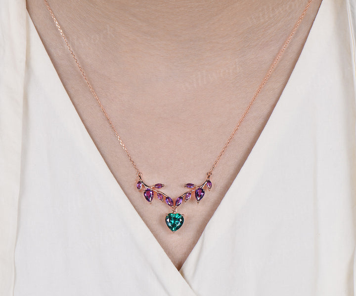 Heart shaped emerald amethyst leaf necklace nature inspired marquise amethyst twig pendant 14k rose gold unique crystal necklace for women