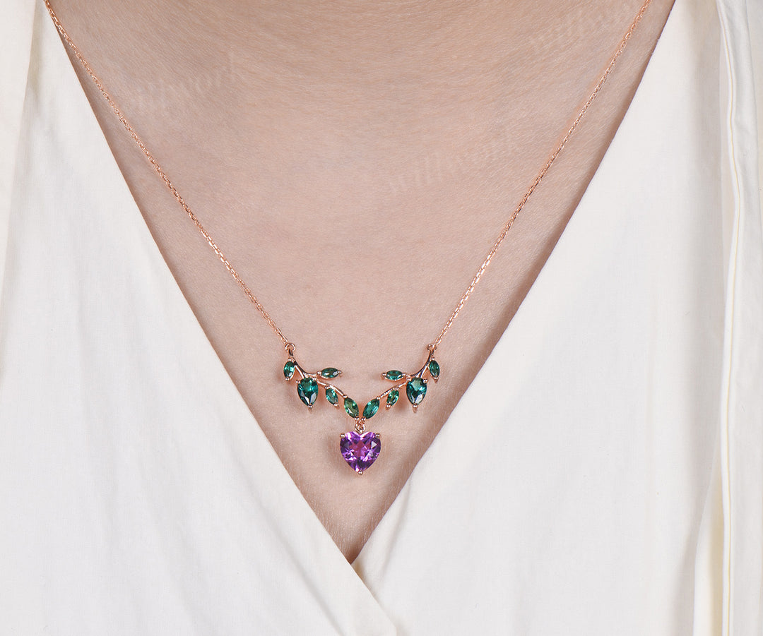 Heart shaped amethyst necklace nature inspired marquise emerald twig pendant unique fairy style jewelry for women