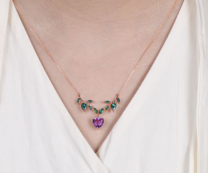 Heart shaped amethyst necklace nature inspired marquise emerald twig pendant unique fairy style jewelry for women