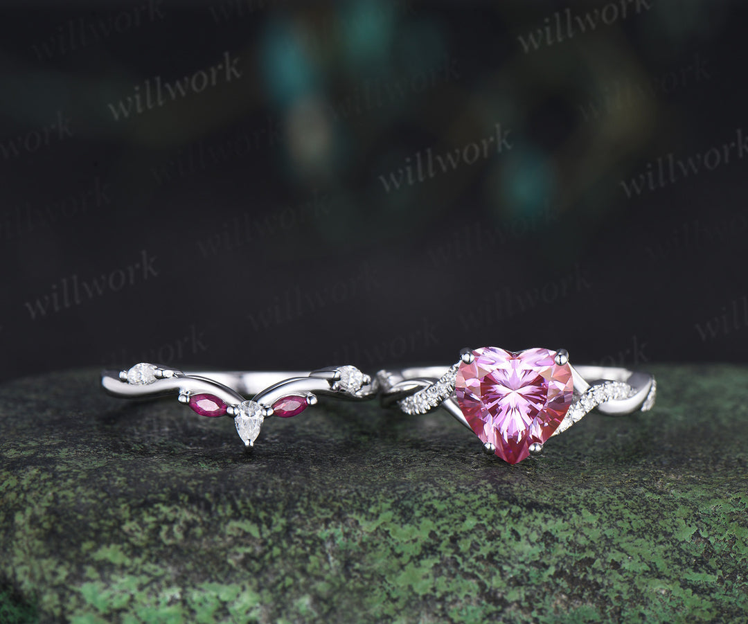 8mm heart shaped pink moissanite engagement ring twisted diamond ring marquise natural ruby wedding band elegant bridal set