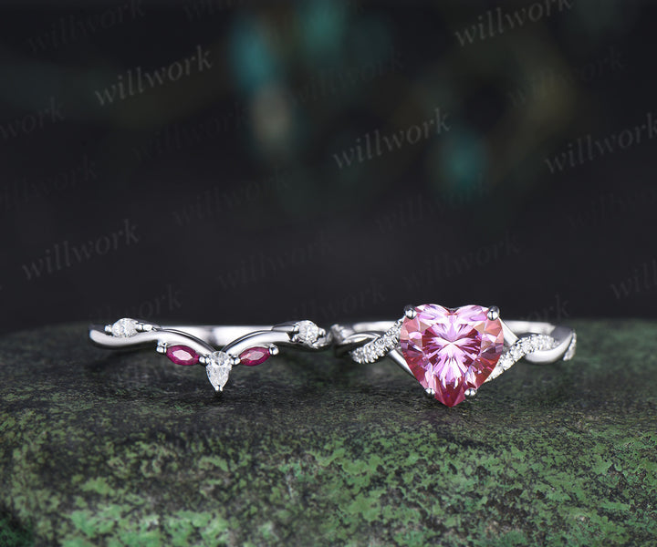 8mm heart shaped pink moissanite engagement ring twisted diamond ring marquise natural ruby wedding band elegant bridal set