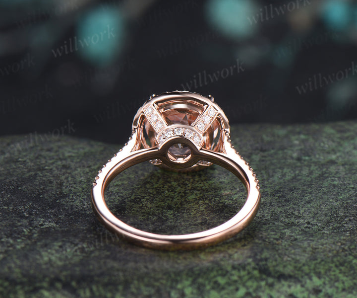 Vintage Round Natural Morganite Engagement Ring Diamond Halo Half Eternity Wedding Ring Anniversary Gifts for Her