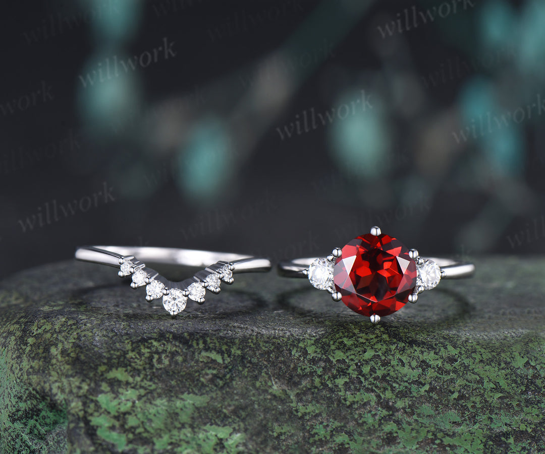 Round Cut Garnet Engagement Ring Three Stone Moisanite Accent Promise Ring Curved Wedding Band Alternative Bridal Set