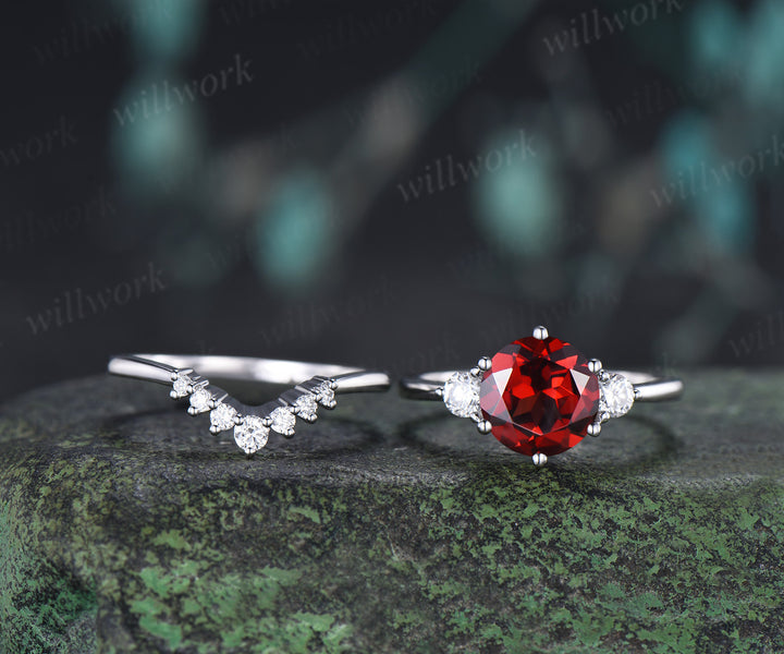 Round Cut Garnet Engagement Ring Three Stone Moisanite Accent Promise Ring Curved Wedding Band Alternative Bridal Set