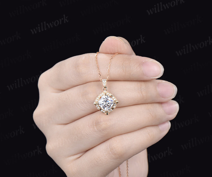 Cushion cut moissanite necklace floral diamond halo pendant vintage moissanite necklace for women