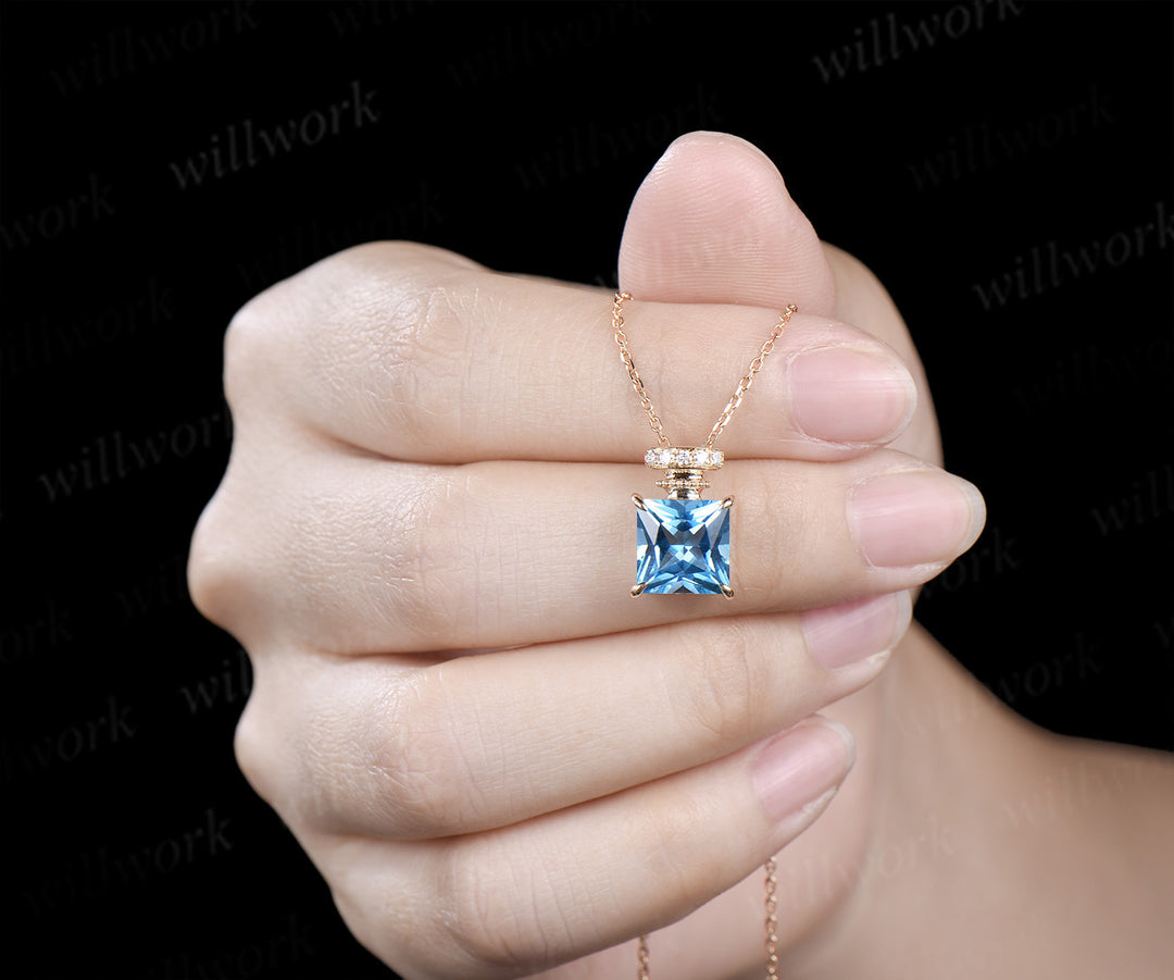 Princess cut Swiss blue topaz necklace unique perfume bottle necklace gemstone pendant wedding anniversary gifts