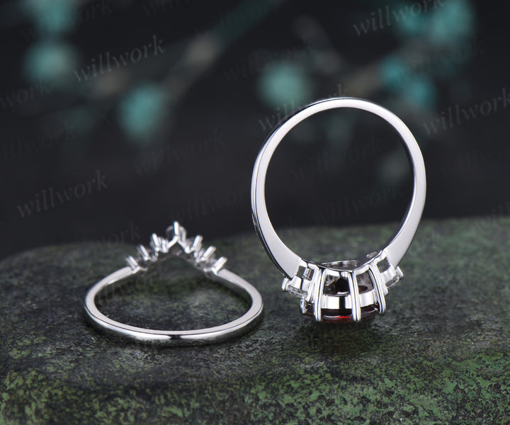 Round Cut Garnet Engagement Ring Three Stone Moisanite Accent Promise Ring Curved Wedding Band Alternative Bridal Set