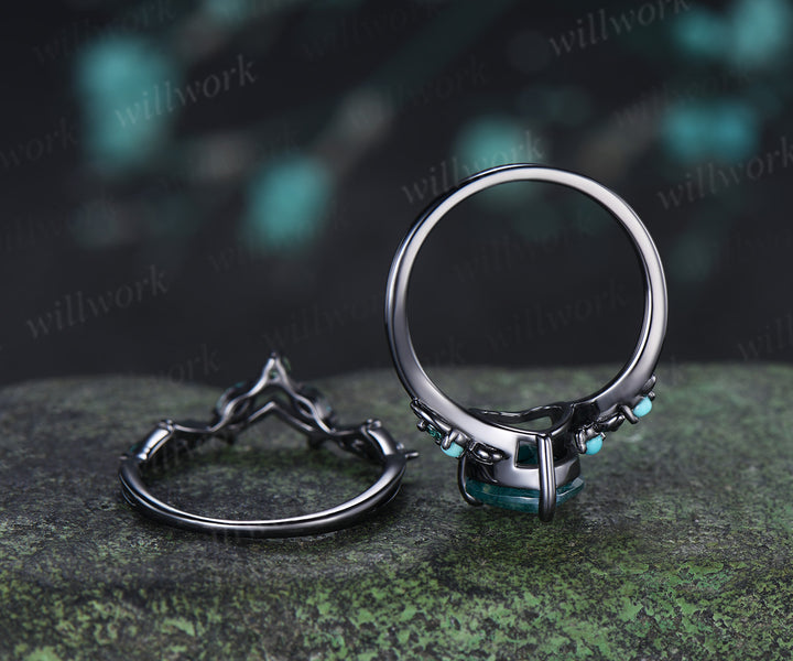 Heart Moss Agate Engagement Ring Set Twig Leaf Turquoise Emerald Ring Alexandrite Branch Wedding Band Unique Bridal Set