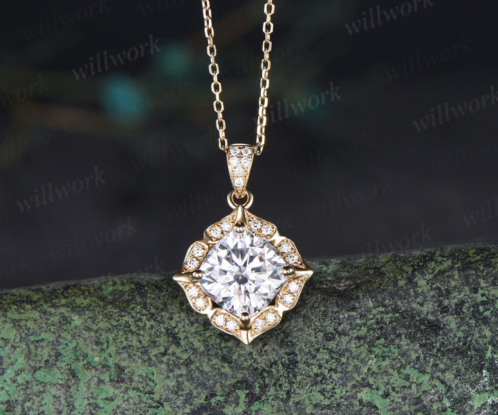 Cushion cut moissanite necklace floral diamond halo pendant vintage moissanite necklace for women