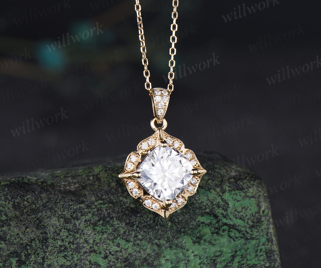 Cushion cut moissanite necklace floral diamond halo pendant vintage moissanite necklace for women