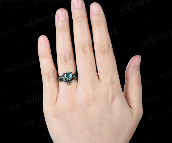 Heart Moss Agate Engagement Ring Set Twig Leaf Turquoise Emerald Ring Alexandrite Branch Wedding Band Unique Bridal Set