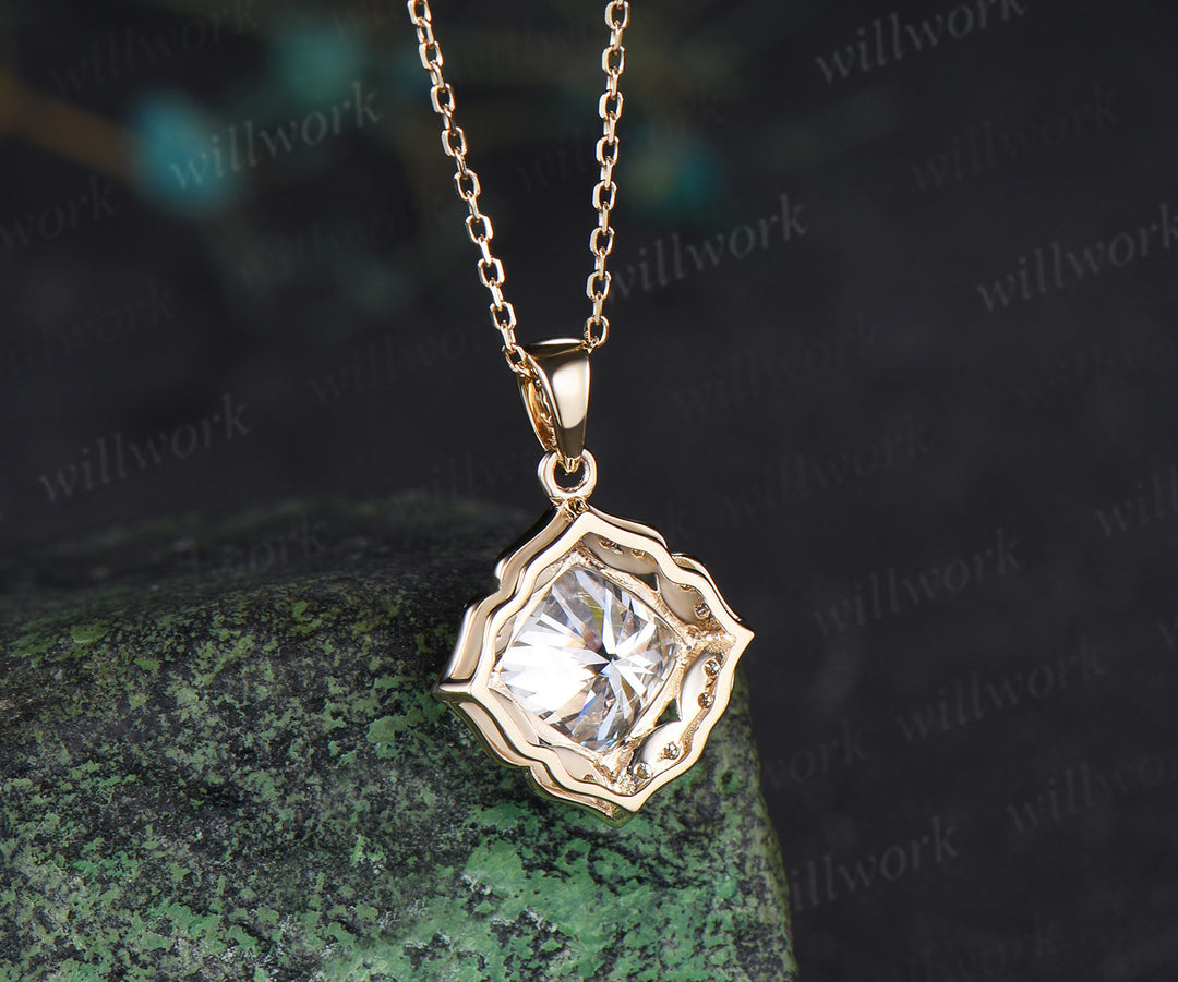 Cushion cut moissanite necklace floral diamond halo pendant vintage moissanite necklace for women