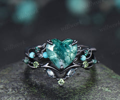 Heart Moss Agate Engagement Ring Set Twig Leaf Turquoise Emerald Ring Alexandrite Branch Wedding Band Unique Bridal Set