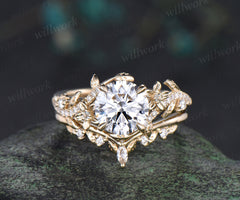 8mm round IGI Certified Diamond Lab grown diamond ring set 14k yellow gold flower engagement ring curved wedding band nature vines bridal set