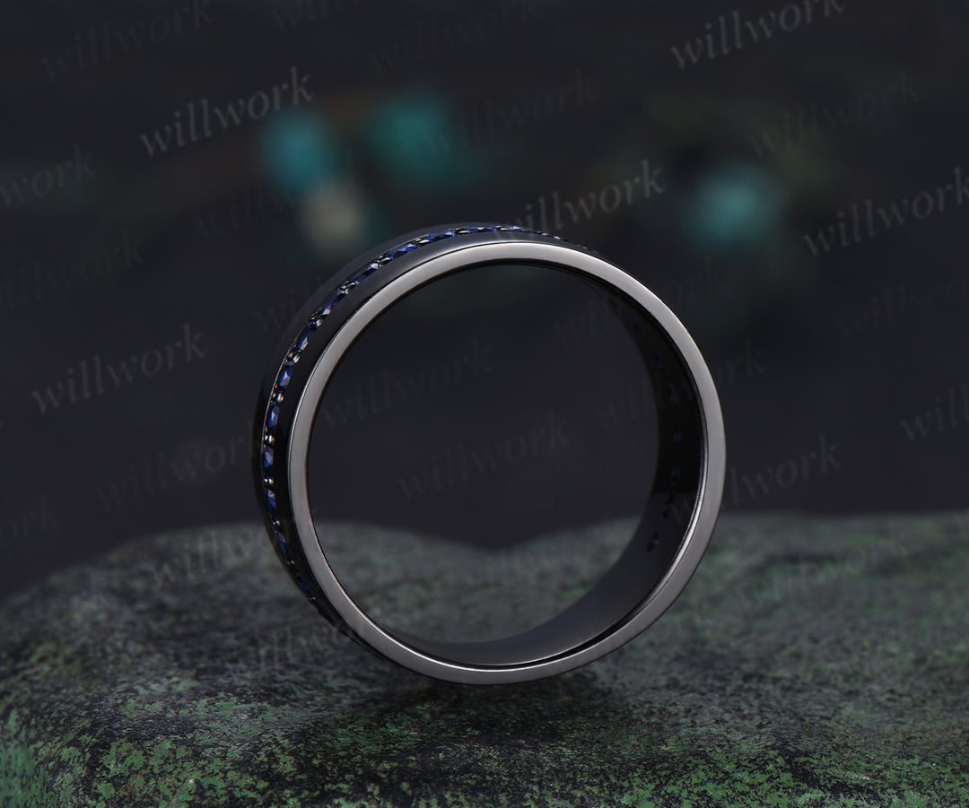 Sapphire mens wedding band 14k black gold 8mm eternity wedding ring anniversary gift for husband