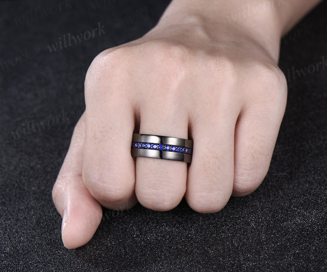 Sapphire mens wedding band 14k black gold 8mm eternity wedding ring anniversary gift for husband