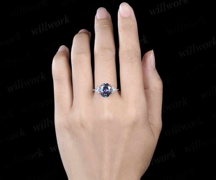 8x10mm oval Alexandrite engagement ring vintage white gold wing ring with moonstone moissanite unique bridal ring for women