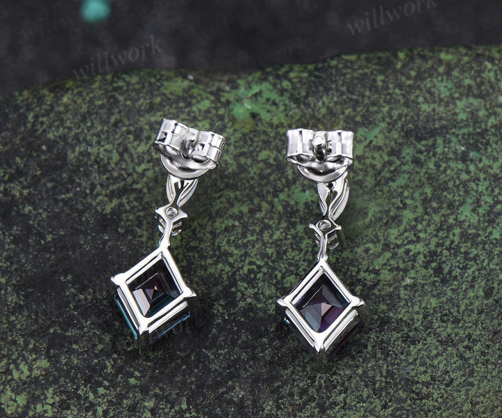 Rhombus Cut Alexandrite Earrings Opal Drop Earrings Color Change Gemstone Dangle Earrings for Women