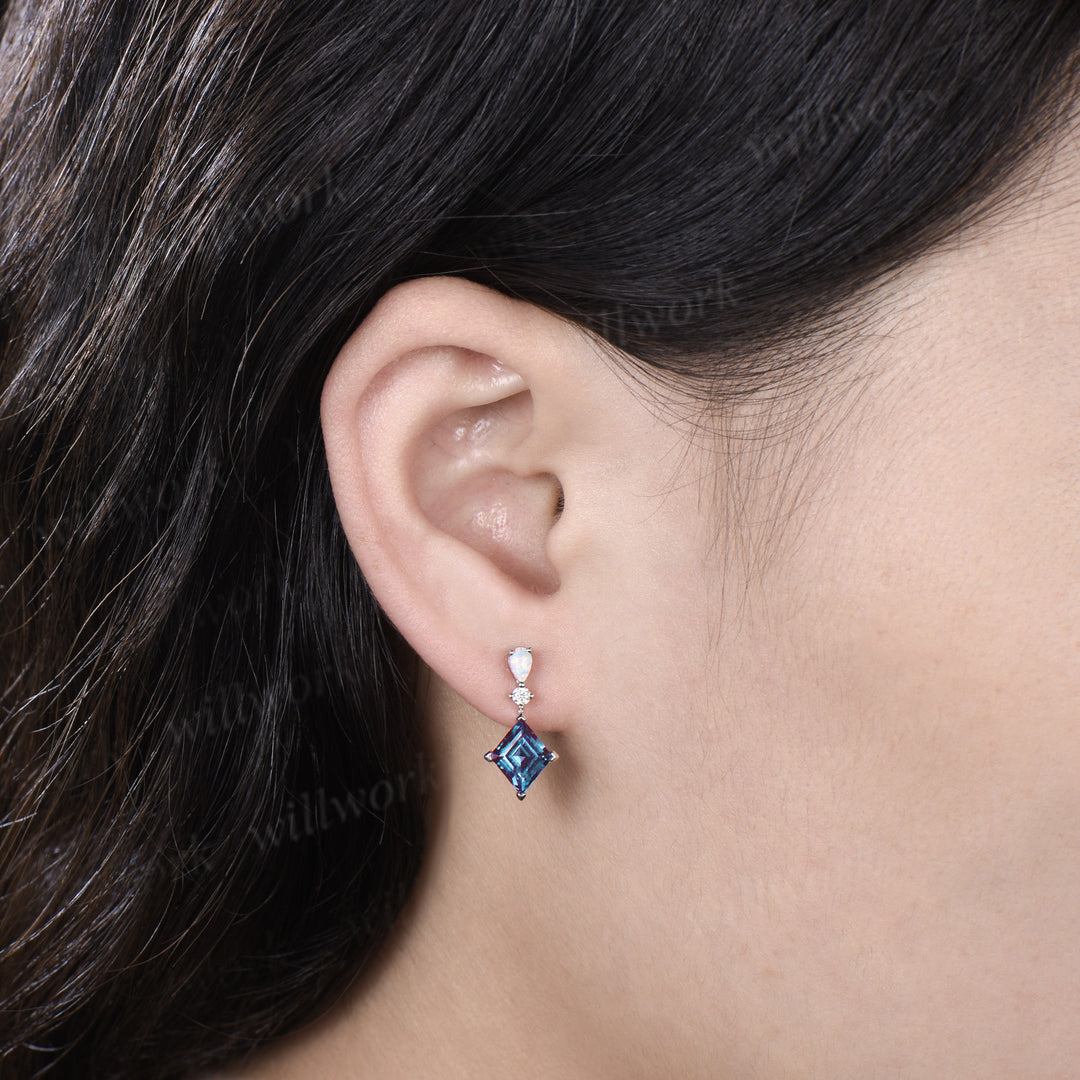 Rhombus Cut Alexandrite Earrings Opal Drop Earrings Color Change Gemstone Dangle Earrings for Women