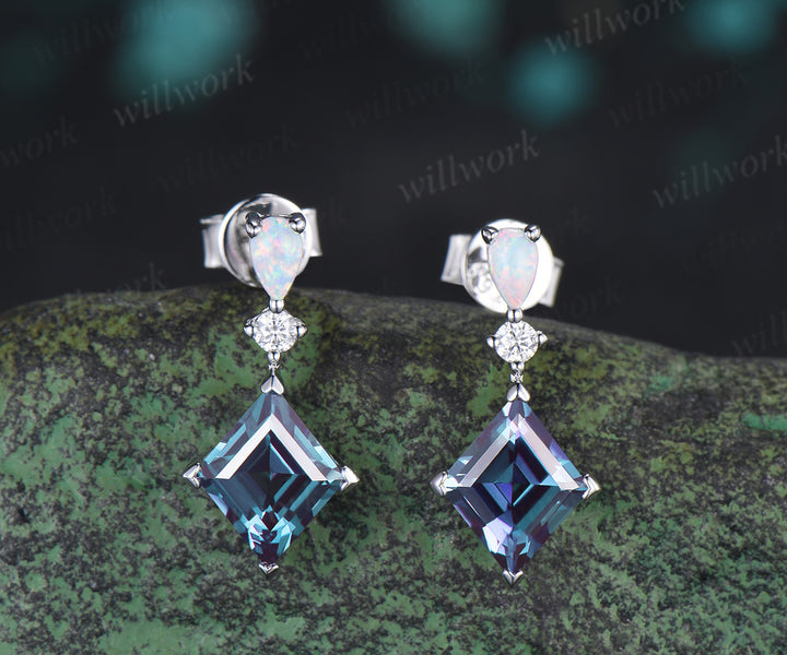 Rhombus Cut Alexandrite Earrings Opal Drop Earrings Color Change Gemstone Dangle Earrings for Women
