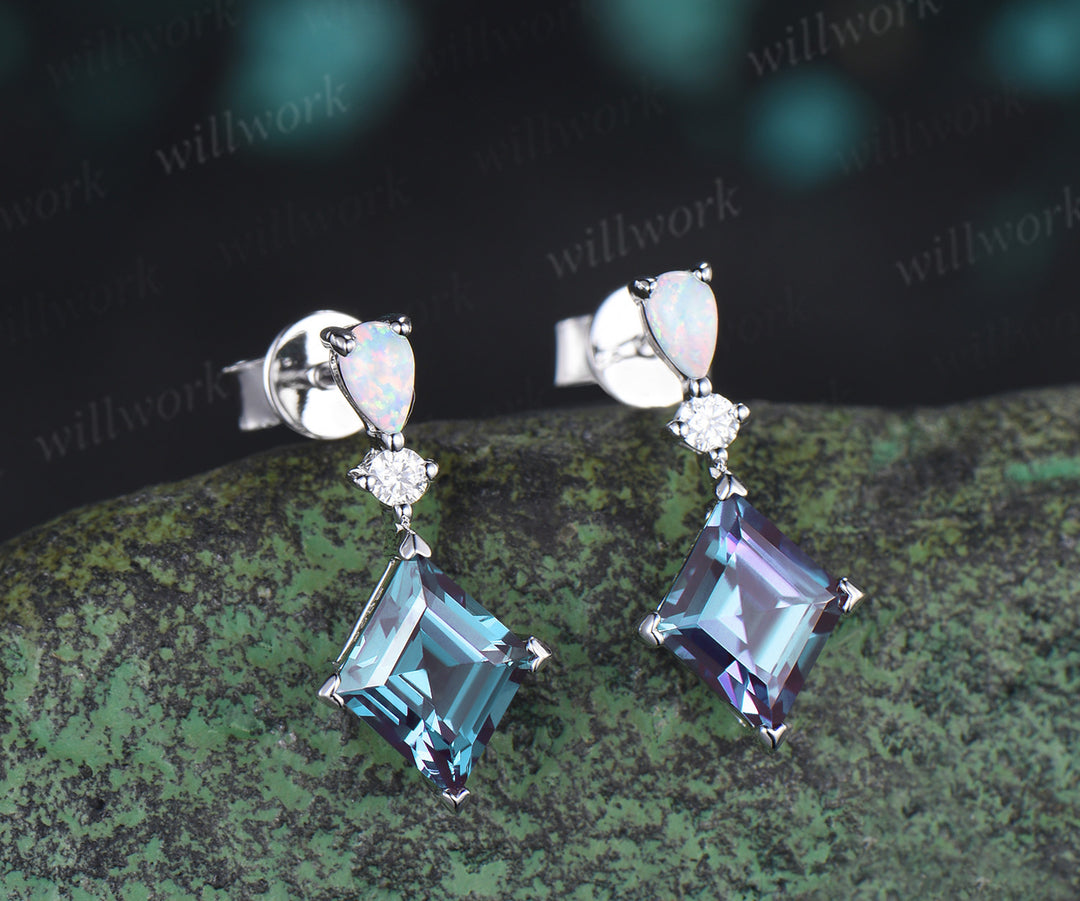 Rhombus Cut Alexandrite Earrings Opal Drop Earrings Color Change Gemstone Dangle Earrings for Women