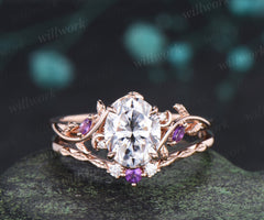 Oval moissanite engagement ring set leaf moon ring amethyst curved band nature inspired bridal set