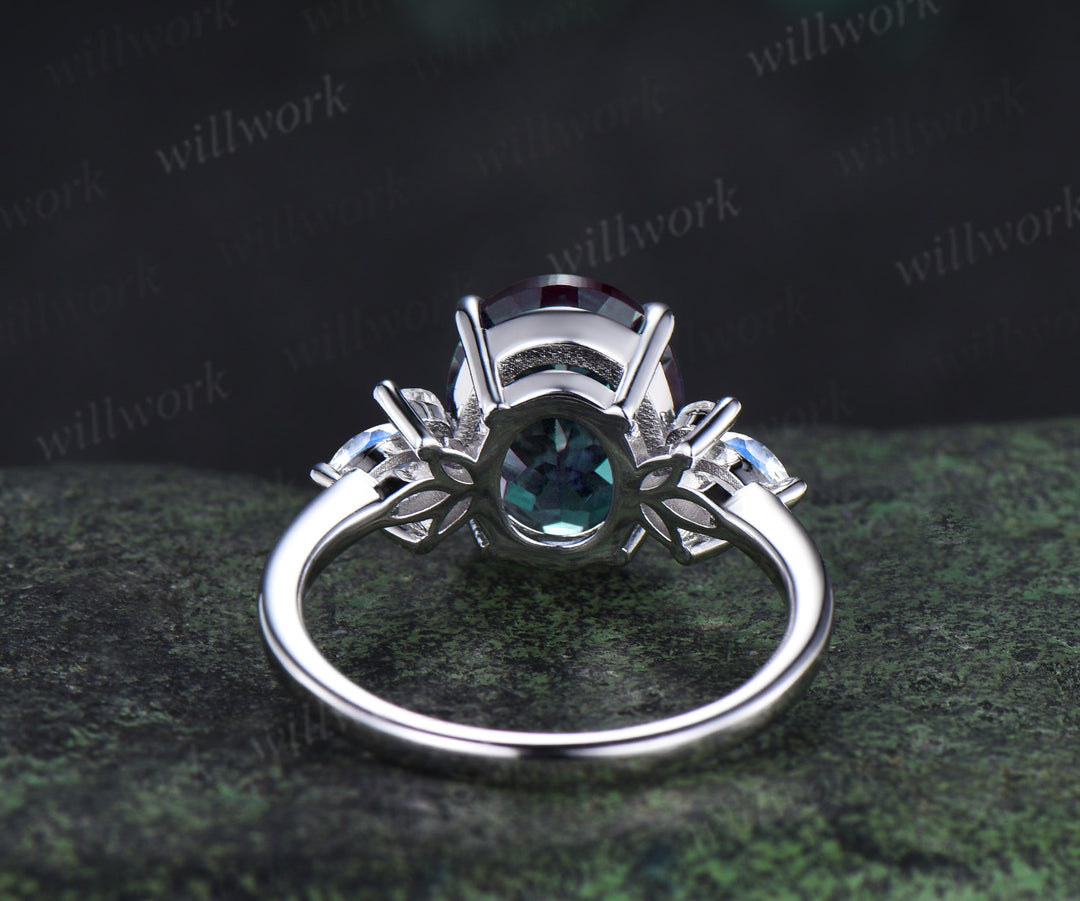 8x10mm oval Alexandrite engagement ring vintage white gold wing ring with moonstone moissanite unique bridal ring for women
