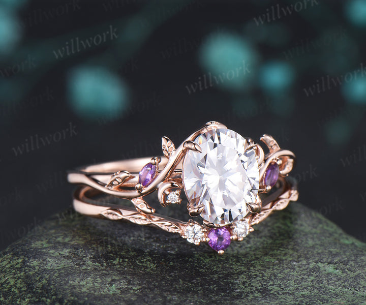 Oval moissanite engagement ring set leaf moon ring amethyst curved band nature inspired bridal set