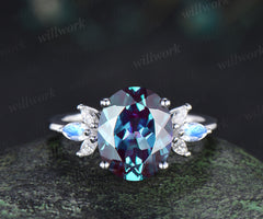 8x10mm oval Alexandrite engagement ring vintage white gold wing ring with moonstone moissanite unique bridal ring for women