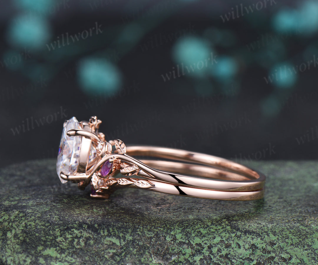 Oval moissanite engagement ring set leaf moon ring amethyst curved band nature inspired bridal set