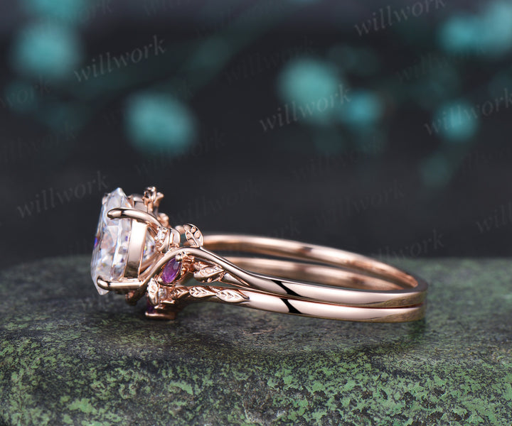 Oval moissanite engagement ring set leaf moon ring amethyst curved band nature inspired bridal set