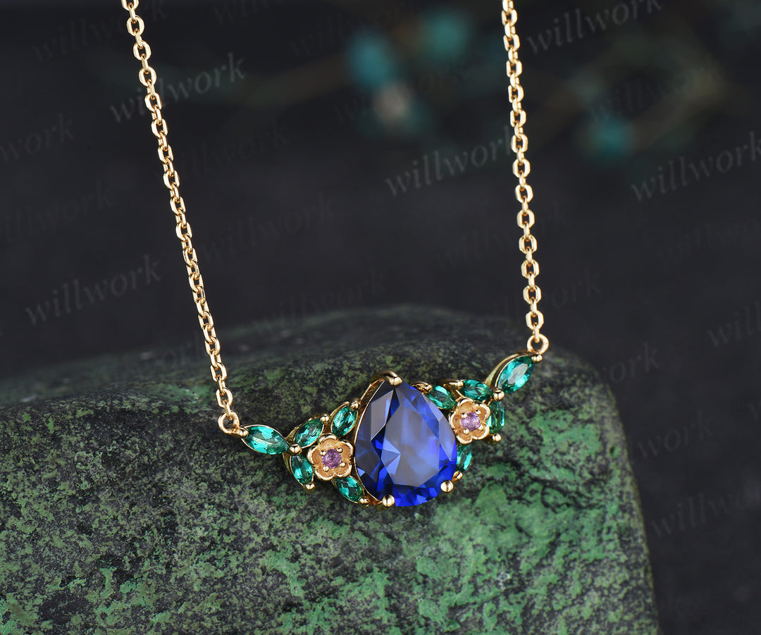 Pear cut blue sapphire pendant necklace flower amethysts leaf marquise emeralds charm pendant gifts for women