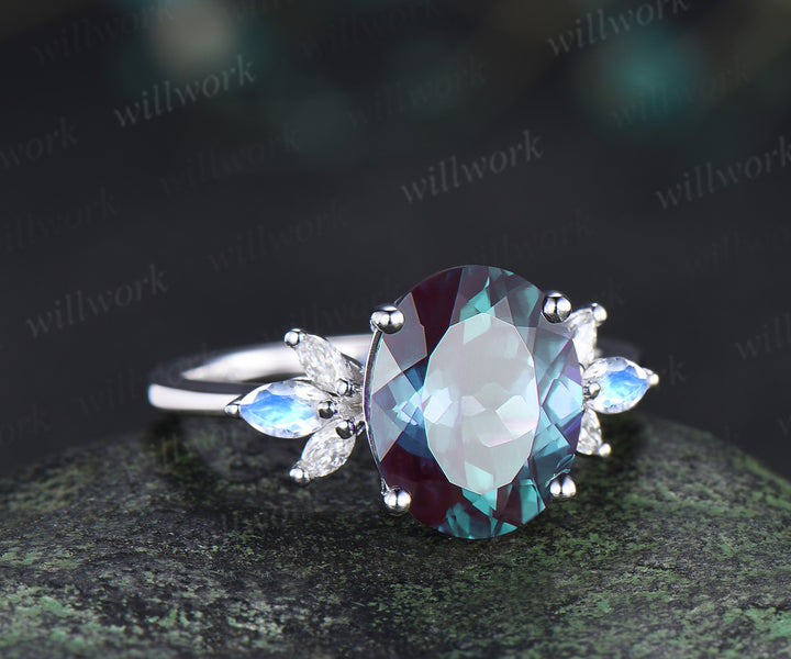 8x10mm oval Alexandrite engagement ring vintage white gold wing ring with moonstone moissanite unique bridal ring for women