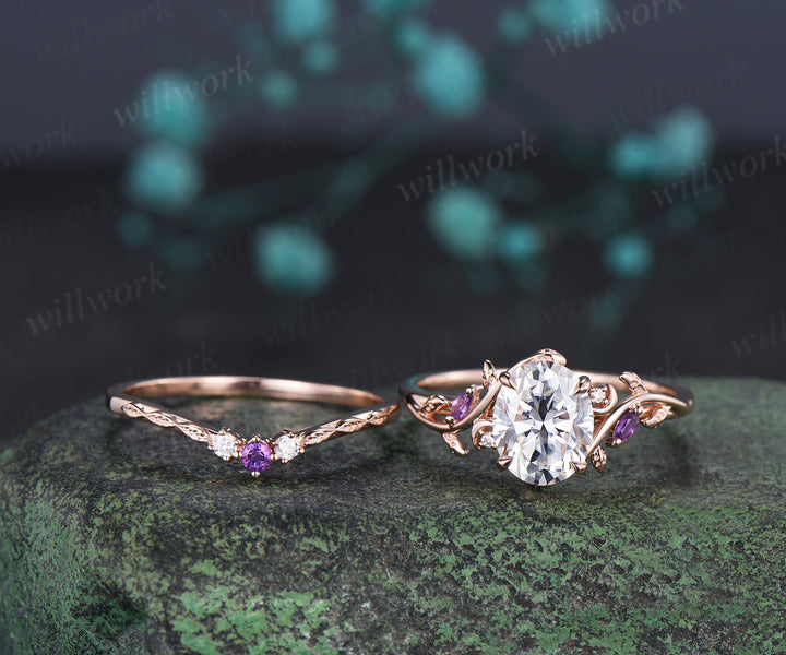 Oval moissanite engagement ring set leaf moon ring amethyst curved band nature inspired bridal set