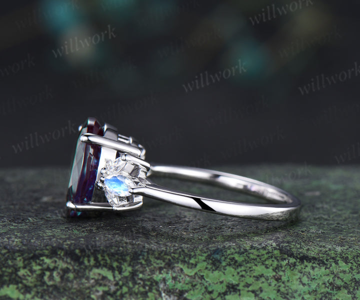 8x10mm oval Alexandrite engagement ring vintage white gold wing ring with moonstone moissanite unique bridal ring for women