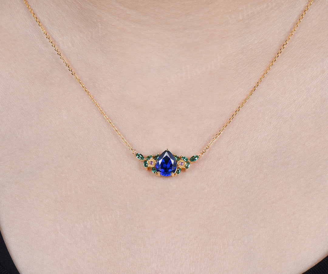 Pear cut blue sapphire pendant necklace flower amethysts leaf marquise emeralds charm pendant gifts for women
