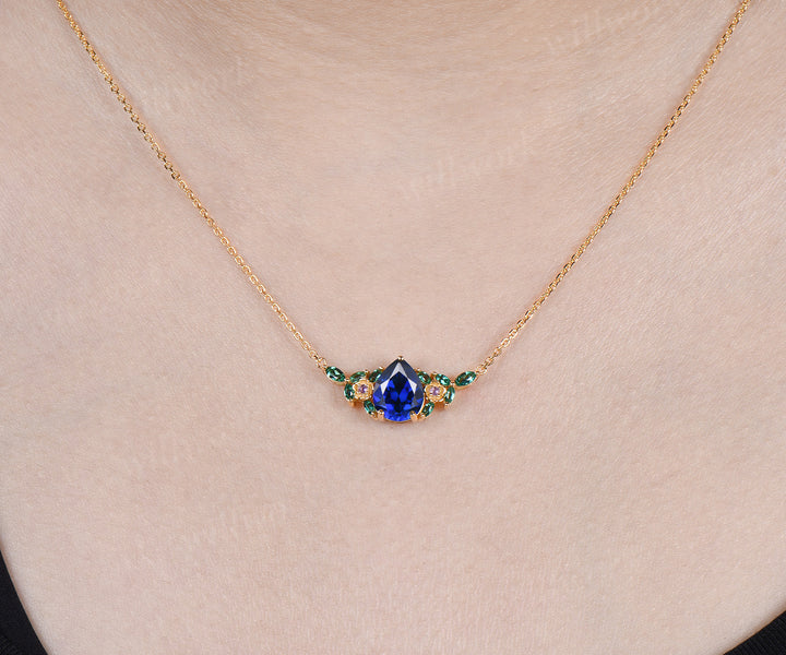 Pear cut blue sapphire pendant necklace flower amethysts leaf marquise emeralds charm pendant gifts for women