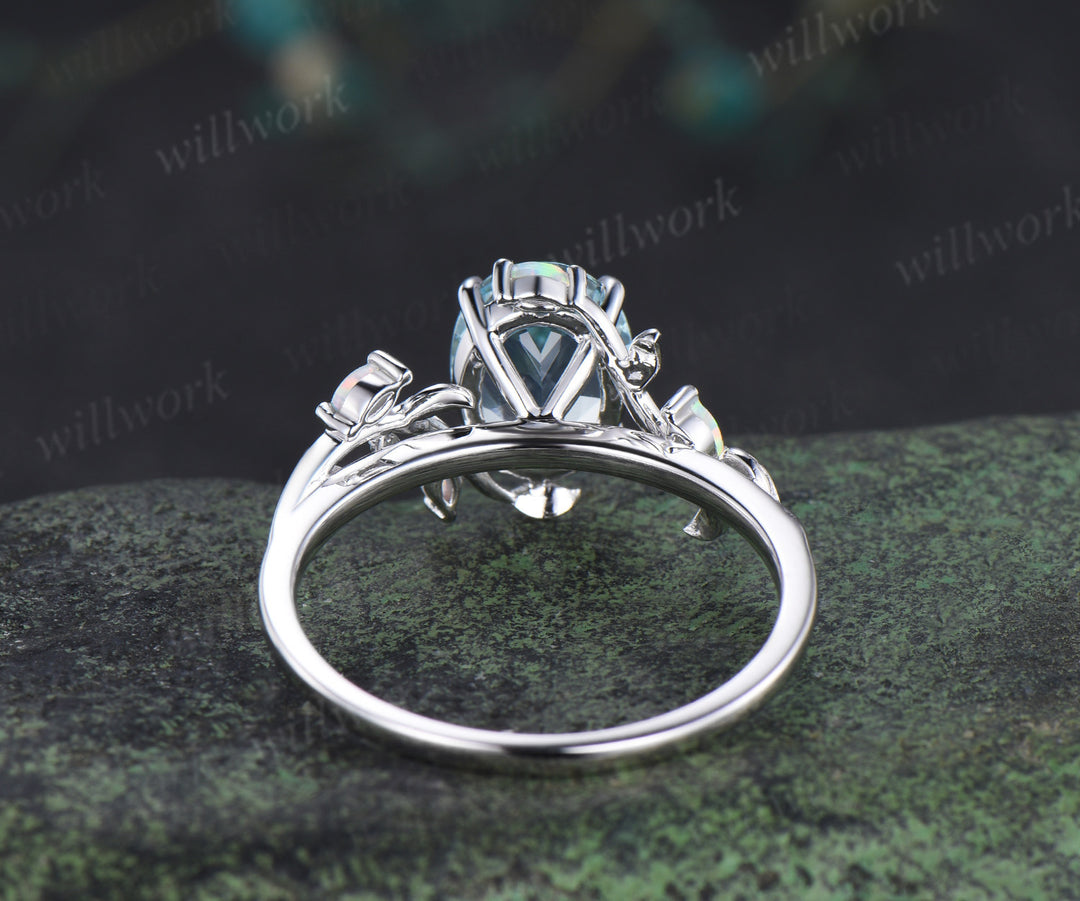 8x10mm oval natural aquamarine ring marquise opal leaf twig engagement ring nature inspired March jewelry gifts