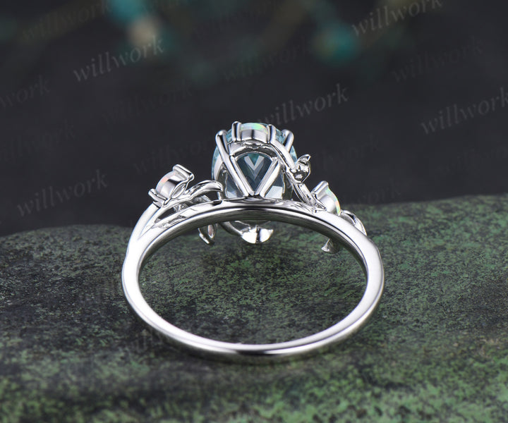 8x10mm oval natural aquamarine ring marquise opal leaf twig engagement ring nature inspired March jewelry gifts