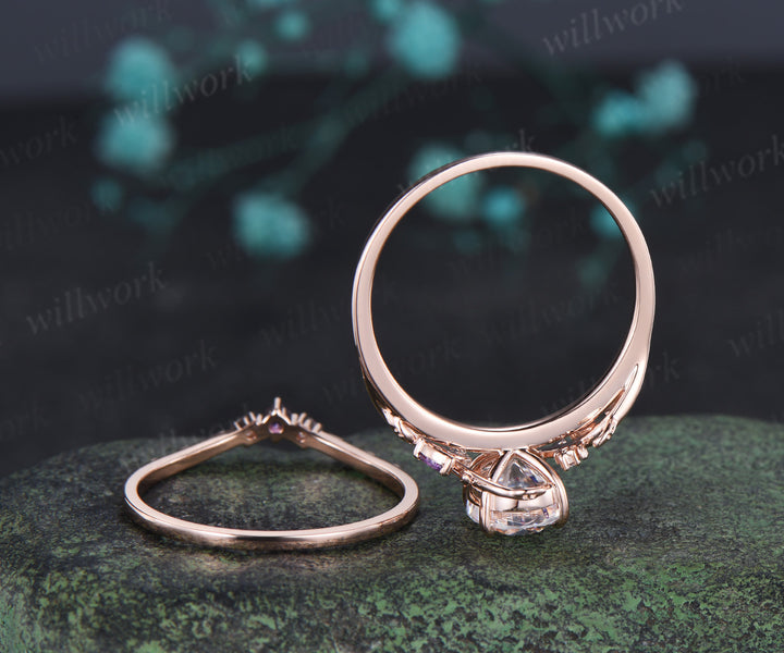 Oval moissanite engagement ring set leaf moon ring amethyst curved band nature inspired bridal set