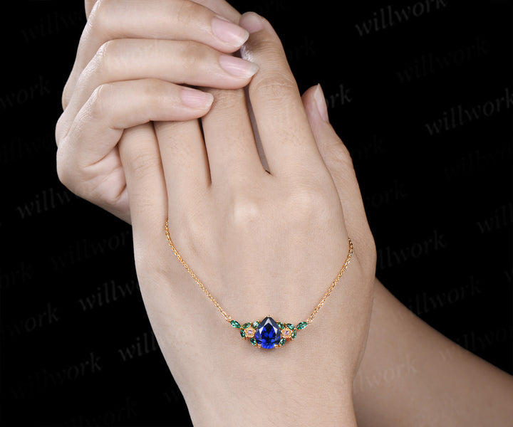Pear cut blue sapphire pendant necklace flower amethysts leaf marquise emeralds charm pendant gifts for women